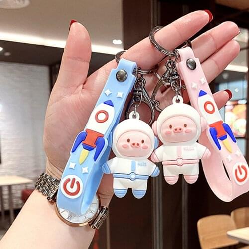 New Cute Cartoon PVC Aerospace Piggy Keychain Couple Backpack Car Pendant Accessories Auto Key Ring for Woman/Girl Bag