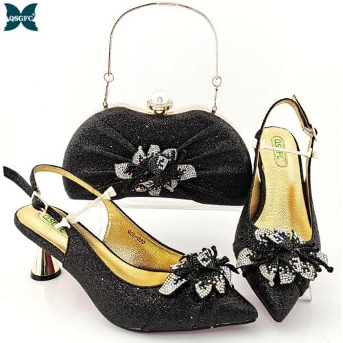 2021 New Arrival Italian Design African Fashon Special Flower Style Decoration Black Color Noble Ladies Shoes and Bag Set