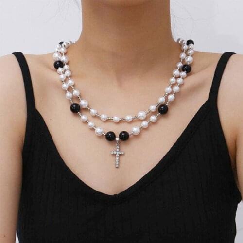 New Baroque Freshwater Natural Pearl Rhinestone Cross Pendant Necklace Geometric Irregular for Women Girls Party Jewelry