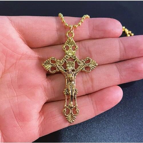 Retro Fashion Gothic Jesus Faith on the Cross Pendant Necklace Antique Gold Chain Long Chain Gold Plated Jewelry Couple Gift