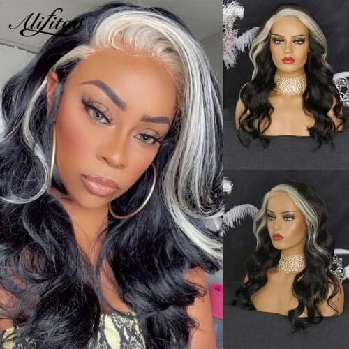 ALIFITOV Ombre Black White Forehead Lace Front Wigs Body Wave Human Hair Wigs With Baby Hair For Women