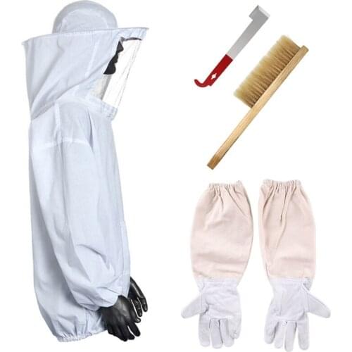 Beekeeping Jacket with Veil Anti Bite Protective Gloves Beehive Scraper Brush