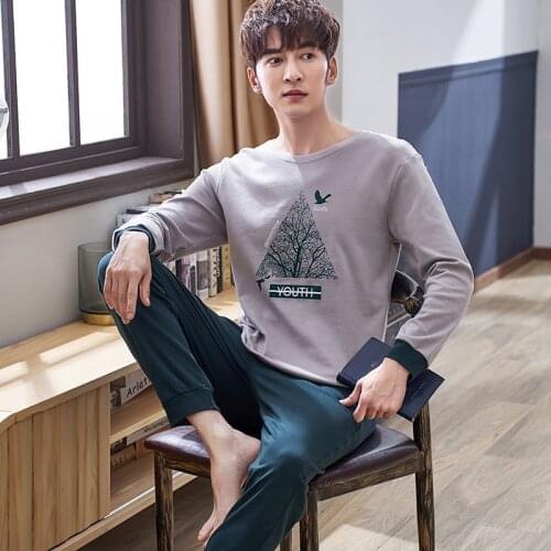 Male Newly Collection Oversize 100% Cotton Long Sleeves Pajamas Suits 2PCs Spring Autumn Winter Homewear Can Be Worn Outside