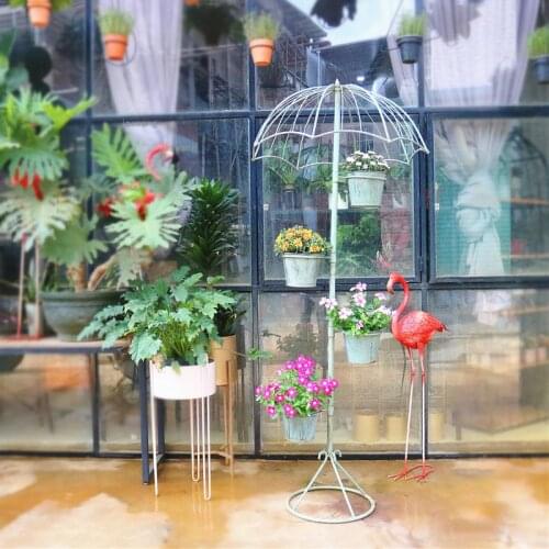 Wrought Iron Living Room Flower Stand Outdoor Balcony Garden Plant Shelf Retro Restaurant Umbrella Shape Flower Rack with Bucket