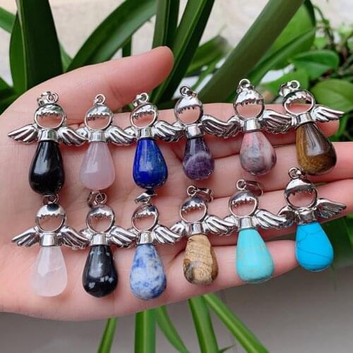 Natural Stone Pendant for Necklace Water Drop Angel Lapis Onyx Pink Quartz Amethysts Purple Crystal Pendant Women Child Jewelry