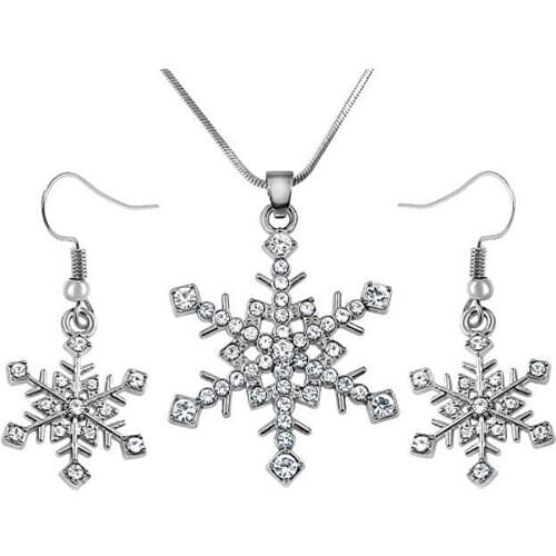 Hot popular rhinestone inlaid metal snowflake pendant necklace earrings FIT for winter christmas gift jewelry set