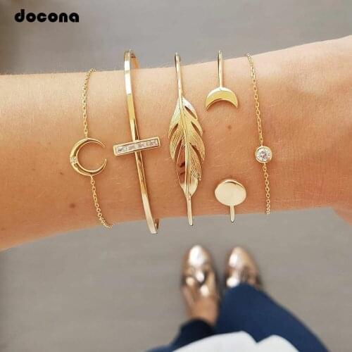 Docona Bohemia Crystal Moon Adjustable Gold Chain Bangles Leaf Sequin Opening Bracelet Charming Jewelry 6840