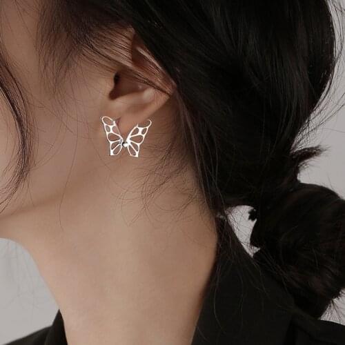 SRCOI Silver Color Hollow Butterfly Hoop Earrings Cute Geometric Insect Animal Earrings Female Accessories Jewelry Gift 2021