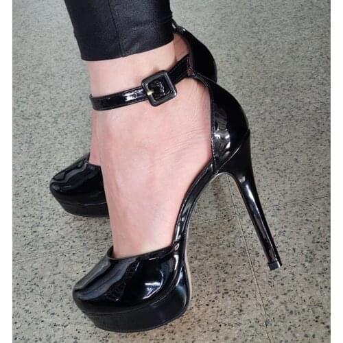 Fashion Patent Leather High Platform Pumps Square Buckle Strap Black Nude Round Toe Dress Shoes Cut-out Wedding Heels Footwear