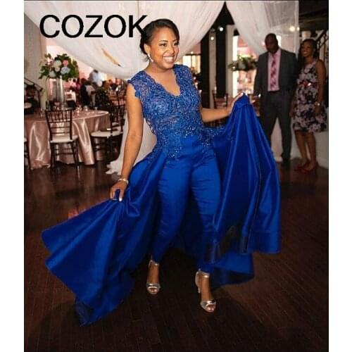 Royal Blue Lace Evening Dresses with Jumpsuit 2021 Beaded Jewel Neck Stain African Black Girls Occasion Prom Pant Suit