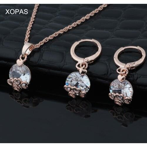 XOPAS Round Cute Pendant Necklace Earrings Set With 585 Rose Gold Color Chain Delicated Wedding Bridal Jewelry Set