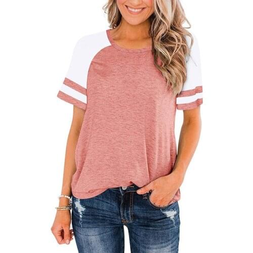 Spring and Summer 2021 Womens Large Stripe Round Neck Splicing Short Sleeve T-shirt Blouse