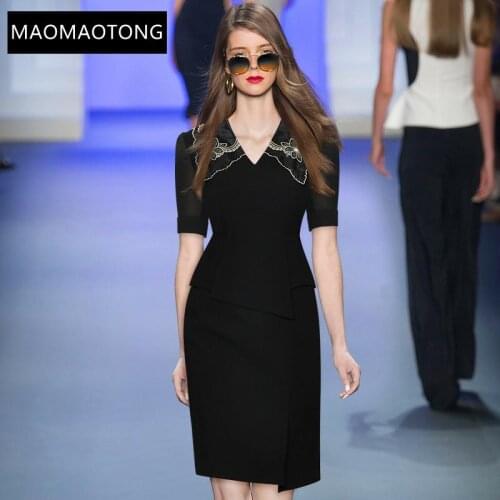 Womens Clothing Designer Summer Black Mini Dress Womens Turn-down Collar Embroidered High Waist Slim Short Pencil Dress