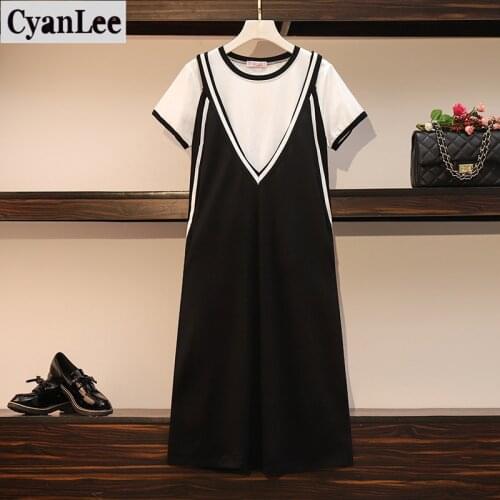 Cyanlee Plus Size 2020 Summer 2 Piece Set Women Cotton White Pullover T Shirt V-neck Camis Black Dress Ropa Mujer Sets