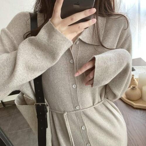 Single-Breasted Mid-Length Sweater Dress 2020 Autumn Winter Trendy Women Over Knee Knitted Dress Autumn Bottoming Knit Dresses
