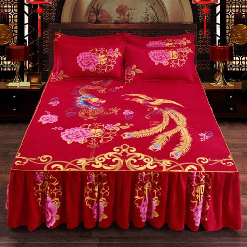 1Pc Chinese Wedding Bed Skirt Classical Red Dragon and Phoenix Bed Sheet Bedspread Bedding New ( Not Including Pillowcase) F0025
