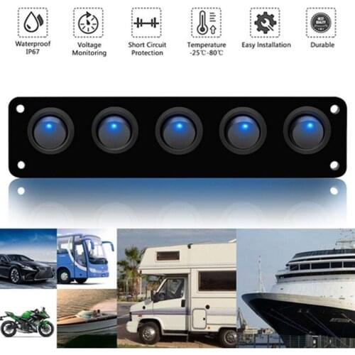 12-24V 5 Gang Round Gang Led Switch Panel Dash Rocker Toggle 5 Pin ON/Off LED Backlit for Boat Car Marine, 16.5X4X3CM