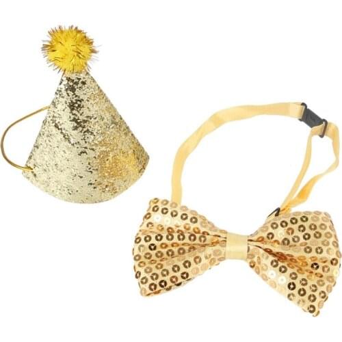 2Pcs/set Dogs Caps Bow Tie Collar Set Cat Dog Birthday Costume Sequin Headwear Cap Hat Party Pets Accessories