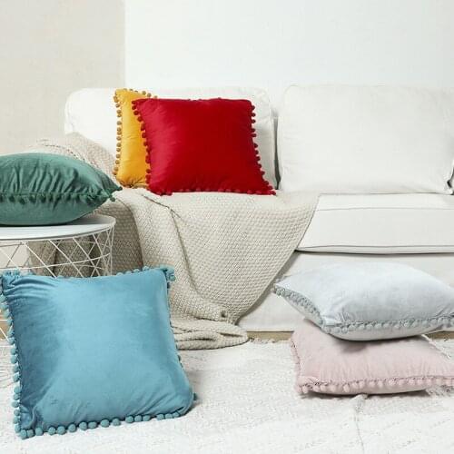 2PCS Solid Velvet Decorative Pillows Case Soft Velvet Cushion Cover With Pompom Ball Sofa Pillow Covers 45*45CM