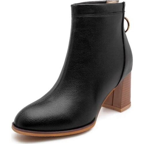 Big Size 11 12 13 14 15 Metal Decorative Fashion Boots with Round Head, Rough heel, High heel, Back Zipper and Short Cylinder