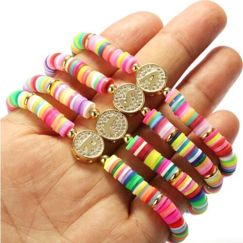 Gold white cz crystal paved initial 26 alphabet letter name coin charm silicone plastic beads unisex bracelets couple jewelry