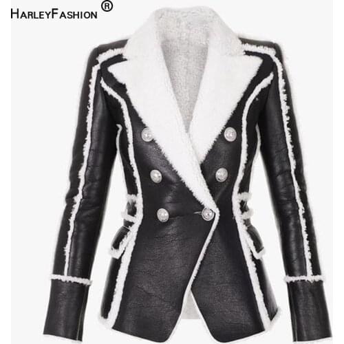 HarleyFashion Women Elegant New Design Winter Autumn Warm Black PU Leather Blazer Silver Buttons Woolen Slim Casual Jackets