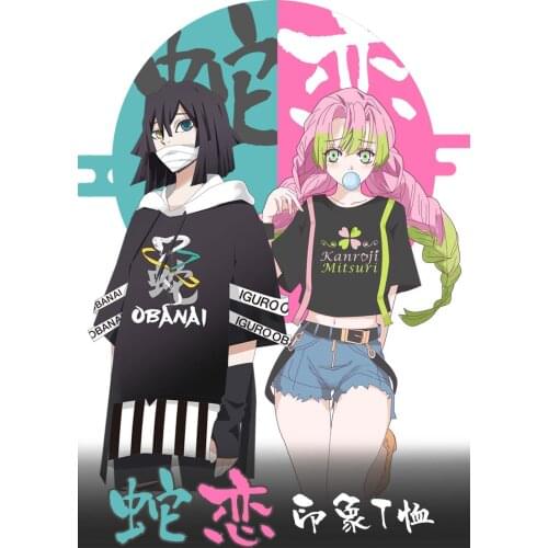 Anime Demon Slayer Kanroji Mitsuri Iguro Obanai Cosplay Costumes Summer Short Sleeve Tee Top Cotton Shirt Hooded