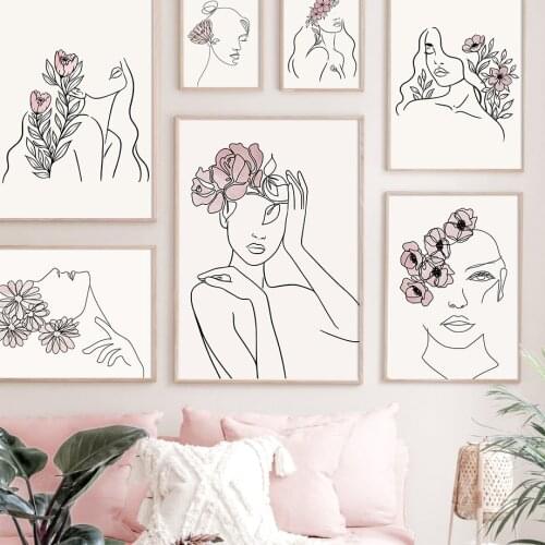 Wall Art Canvas Painting Abstract sexy line girl Rose Peony Flower Nordic Posters And Prints Wall Pictures For Living Room Decor