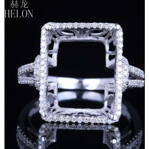 HELON 14x11-15x12mm Emerald cut Solid 14K White Gold Pave 0.4ct Natural Diamond Semi Mount Engagement Wedding Ring Women Jewelr