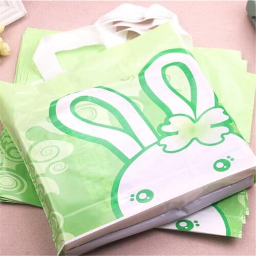 High-density Polythylene Eco-friendly Green Lovely Rabbit Gift Bags 10pcs/lot 29*35cm Wedding Gift Packaging With Handles