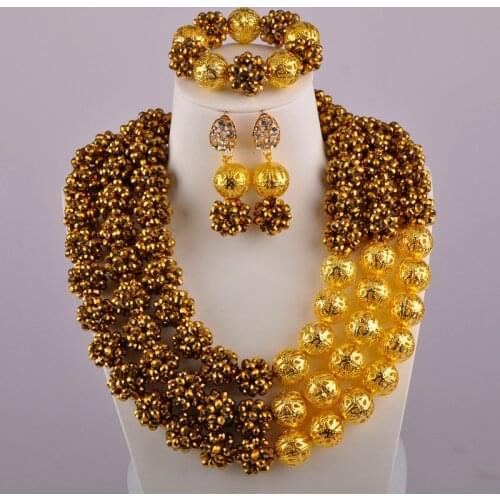 Golden Plated African Wedding Beads Nigerian Necklace Jewelry Set for Women