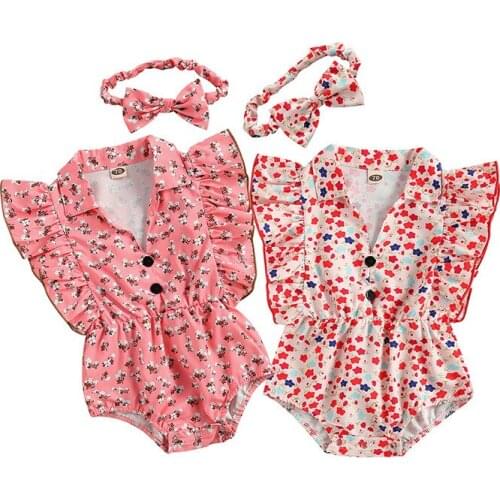 Pudcoco 0-18M 2Pcs Flower Print Lapel Summer Butterfly Short Sleeve Bodysuit Leotard+Headwear Outfit Clothes