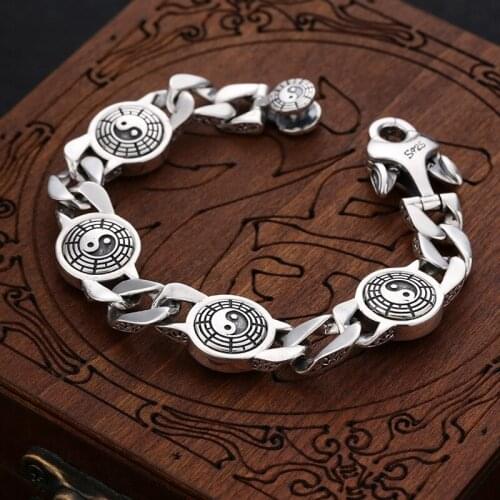 Silver Beast Tai Chi Bagua Bracelet Bangle 100% Pure 925 Sterling Silver Dragon Tiger Tortoise Suzaku Bracelet for Men Jewelry
