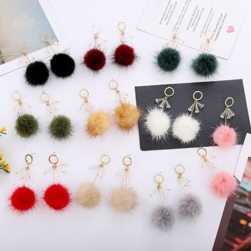 Cute Rabbit Fur Ball Long Drop Earrings Furry Ball Ear For Women Unique Korean Soft Dangle Earring Jewelry 2021 New