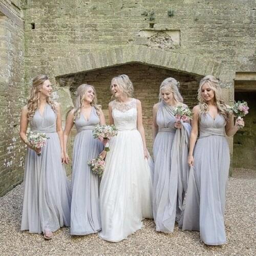 Gray Simple Bridesmaid Dress A-Line Deep V-Neck Pleat Chiffon Floor Length Wedding Party Gown Long Robe Custom Made 2021