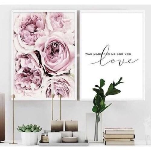 Nordic Pink Rose Flowers Posters Wall Art Canvas Paintings Wall Printed Love Quotes Prints and Posters Living Room Home Decor