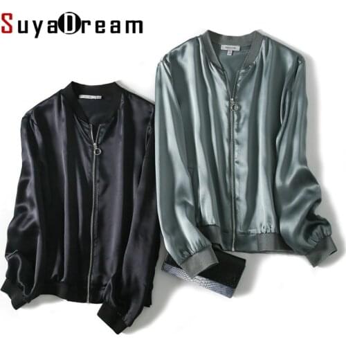 SuyaDream Women Silk Jackets 19MM 100%Silk Satin Solid Zip-up Sweatshirts 2020 Fall Autumn Outwear