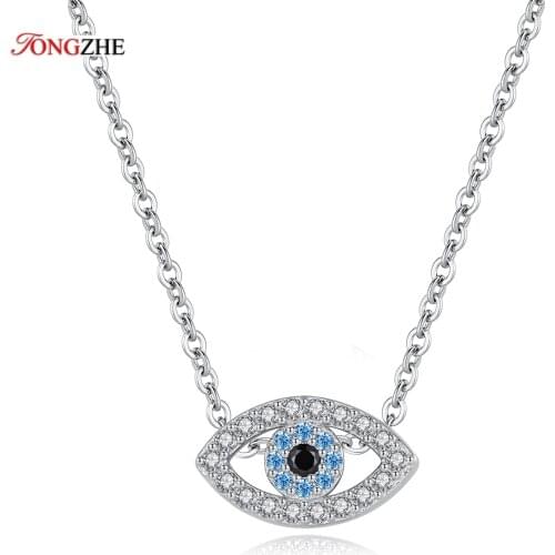 TONGZHE Evil Eyes Pendant 925 Sterling Silver Necklace Long Chain Crystal Turkish Eye necklaces Women Girls luck Fine Jewelry