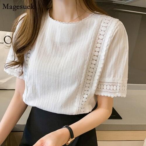 Korean Fashion Short Sleeve Women Blouse Summer Hollow Out Lace Crochet Shirts Female Elegant Office Lady White Tops Blusas 9602