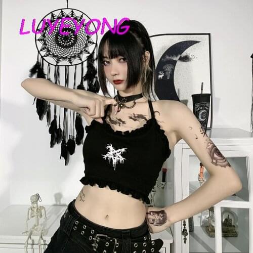Lady Short-length Backless Ruffles Cool Pentagon Star Print Goth Camisole Hipster Top Black Gothic Basic Women Camis 2021 Summer