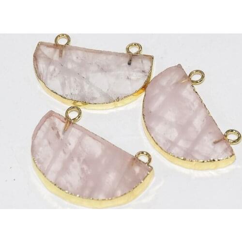 Natural Rose Crystal Quartz Moon Necklace Pendants femme 2019 Pink gold bezel stone connector for women jewelry making as gifts