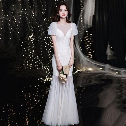 Fashion Long Mermaid Evening Dresses White Party Gowns Tulle Puff Sleeve Deep V Elegant Woman Dress For Party Vestidos de fiesta