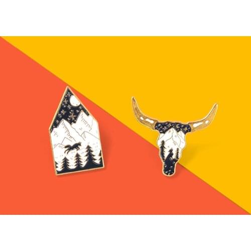 Custom Bull Head Horns Punk Enamel Pins Natural Night View Brooch Lapel Badge Bag Gothic Jewelry Gifts For Friends Wholesale