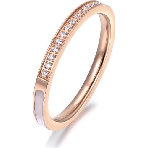 Stainless Steel Delicate Rings 1/4 Pave Setting Rhinestones & 3/4 Shell Surround Rose Gold Color Ring Best Gift R18134