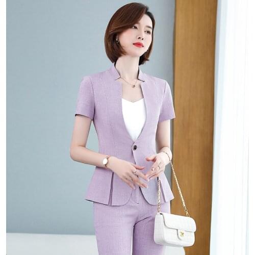 Summer Short Sleeve Formal OL Styles Pantsuits Elegant Purple for Women Business Work Wear Ladies Female Professional Blazers