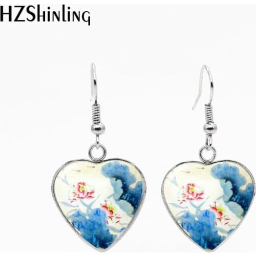 Lotus Bamboo and Dragonfly Heart French Hook Earrings Stainless Steel Dangle Earrings Glass Handmade Craft Jewelry