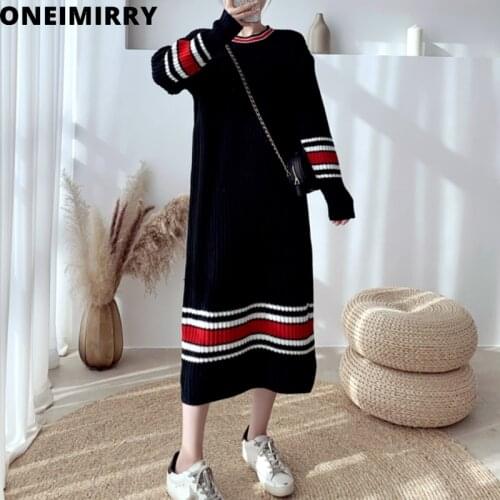 2021 Autumn Winter Women Dress Fashion Striped Stitching Black Sweater Party Dresses Mid-Calf Thicken Long Sleeve Knit Clothes
