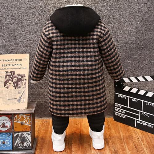 New Year Baby Boys Plaid Coat Hooded Windproof Children Jackets Outwear 2 Colors For Autumn Winter Kids Boys Woollen Outerwear