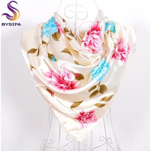 Fresh Beige Pink Imitated Silk Scarf Shawl Printed 2016 New Design Female Accessories Flowers Muslim Headscarves Winter Scarves