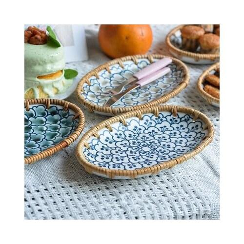Japanese Style Handwoven Rattan Storage With Ceramics Porcelain Tray Bread Food Plate Fruit Cake Platter Dinner Serving Tray
